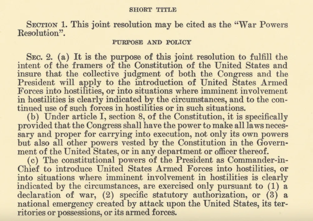 A readable photograph of the War Powers Resolution as a printed government document page, showing the formal statutory text