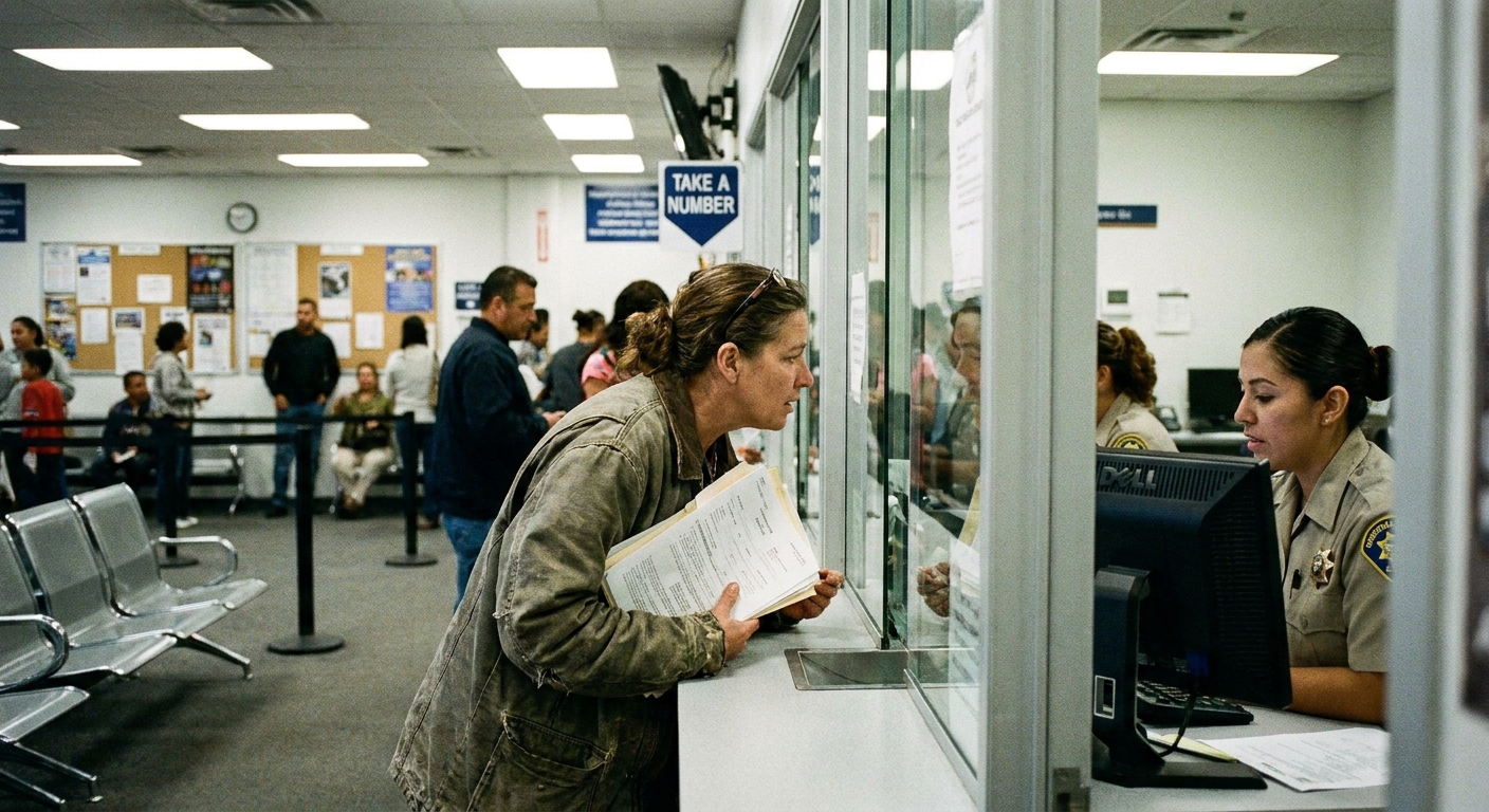 A real DMV service counter scene with a customer speaking to a clerk while holding paperwork, candid public office photography style