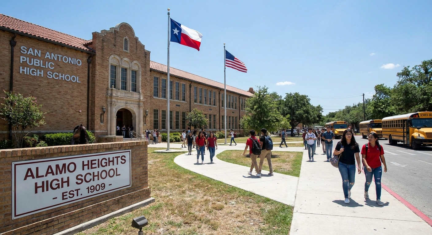 A real San Antonio, Texas public high school campus exterior on a sunny day, with a sidewalk and school building visible, news photography style