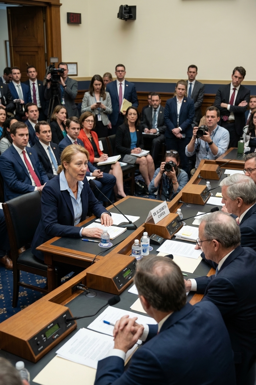 A real congressional hearing room with a witness seated at a table facing lawmakers, microphones and nameplates visible, serious news photography style