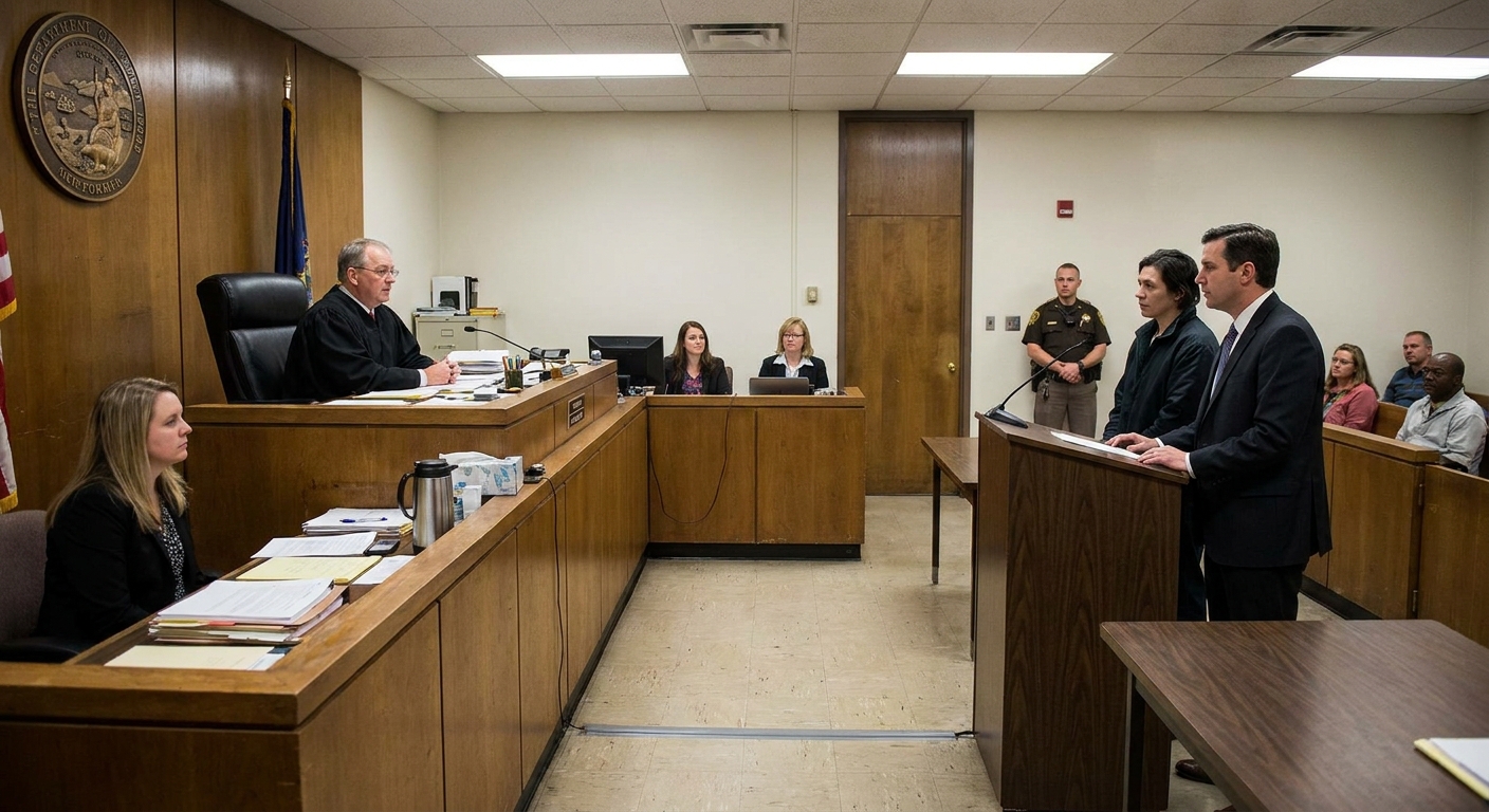 A real county courtroom during an arraignment session, with a judge seated at the bench and a defendant standing beside defense counsel at a lectern, news photography style