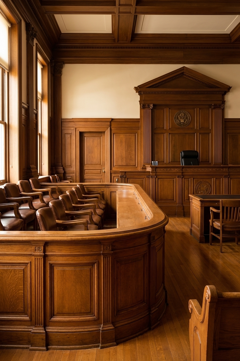 A real courtroom interior with an empty wooden jury box, the judge’s bench in the background, and soft indoor lighting, photorealistic architectural courtroom photography