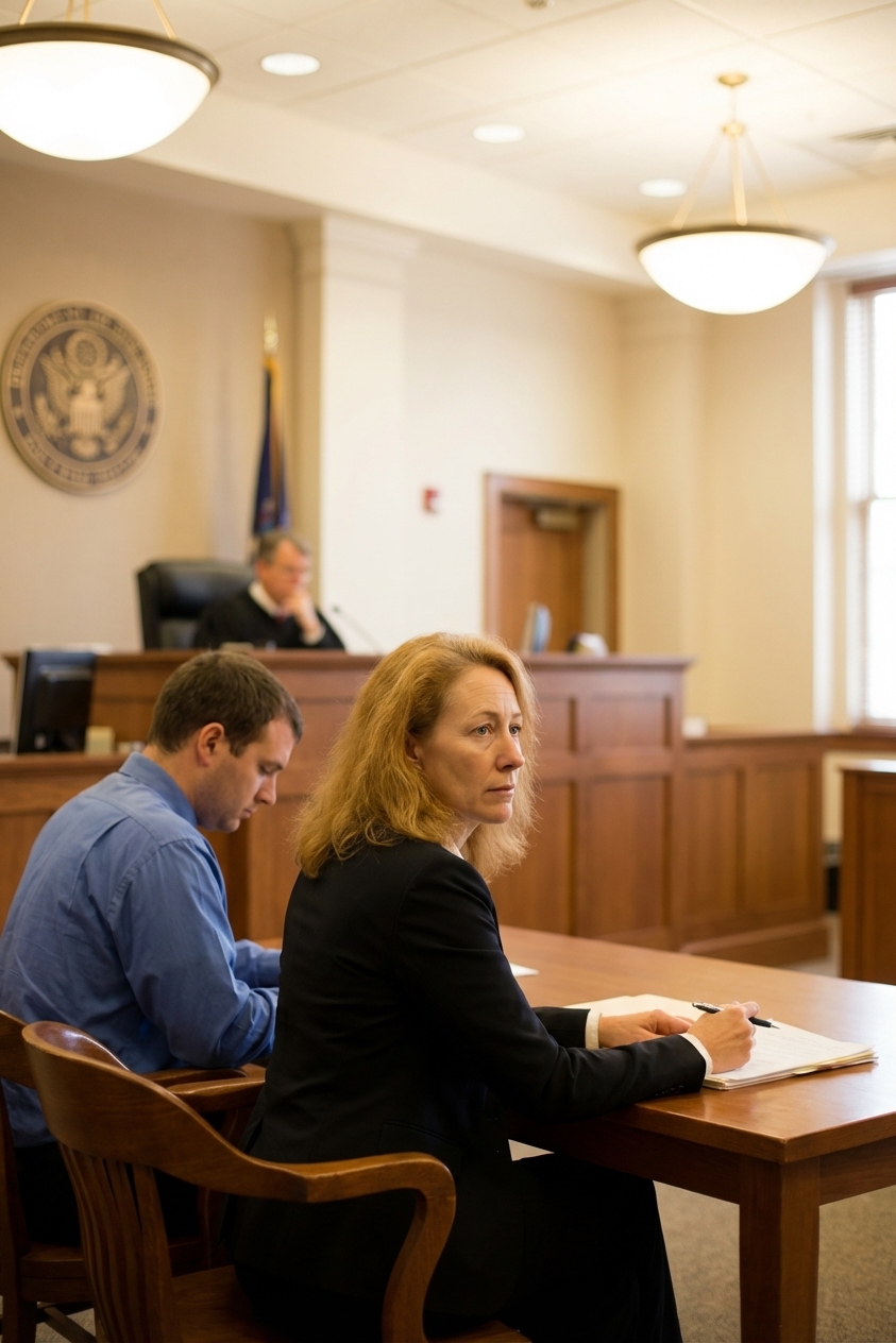 A real courtroom photograph showing a judge’s bench in the background and a defendant seated beside a defense attorney at a wooden table, with soft indoor lighting and a formal atmosphere