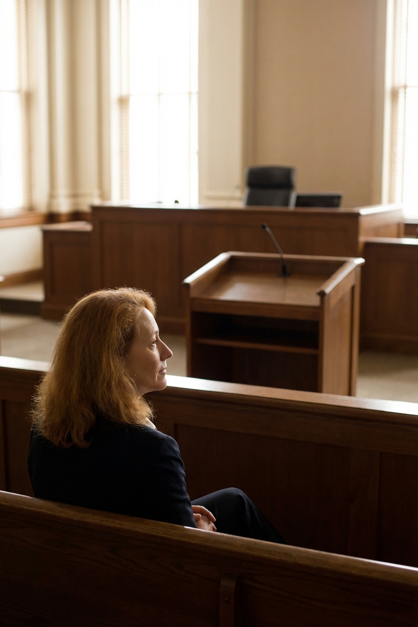A real courtroom scene with an empty witness stand and a judge's bench in the background, soft natural light coming through tall windows, documentary photography style