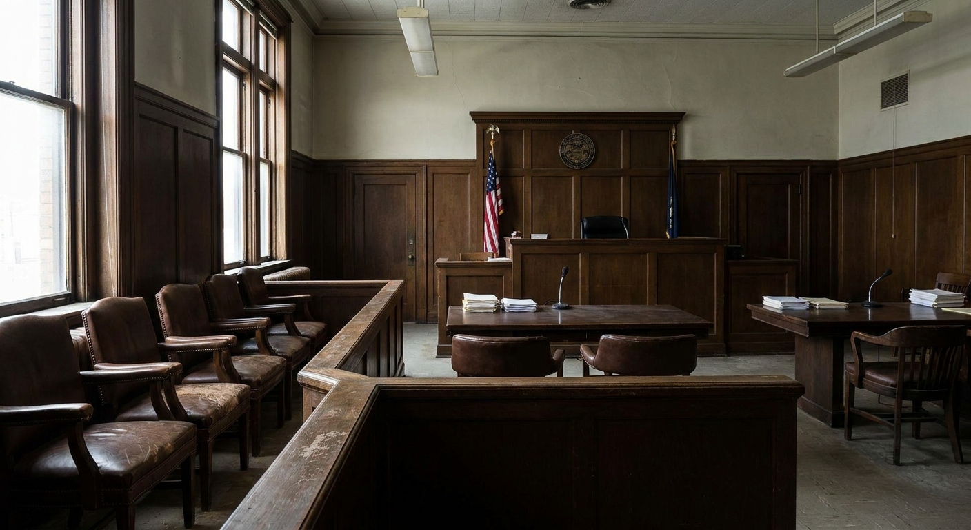 A real courtroom with an empty jury box in the foreground and counsel tables facing the judge’s bench, documentary-style photography