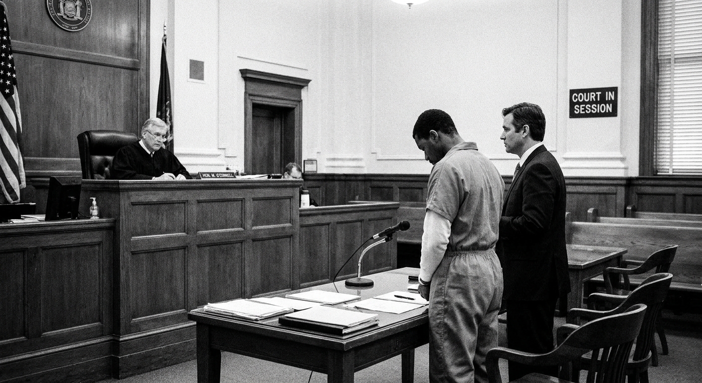 A real criminal courtroom during an arraignment hearing, with a judge seated on the bench and a defendant standing beside a defense attorney at counsel table, news photography style