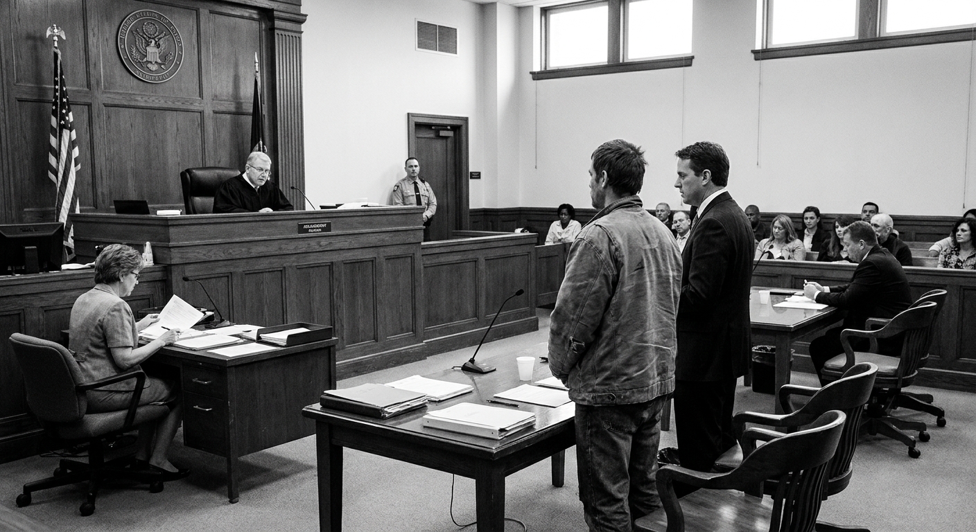 A real criminal courtroom during an arraignment, with a judge on the bench, a defendant standing beside a defense attorney at counsel table, and a courtroom clerk seated nearby, documentary news photo style