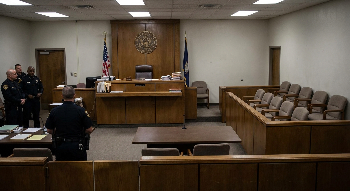 A real criminal courtroom with the judge's bench and an empty jury box, neutral lighting, news photography style