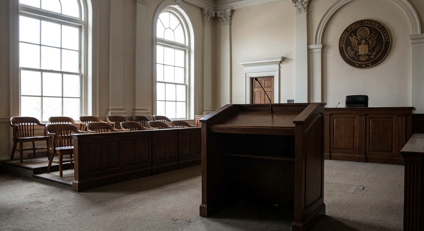 A real federal district courtroom interior with an empty witness stand, microphone, and jury box visible in the background, natural lighting, news photography style