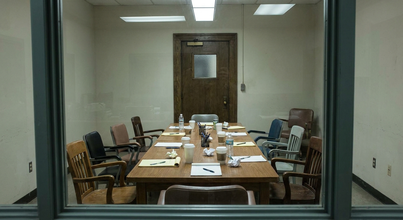 A real jury deliberation room with a long table, chairs, notepads, and a closed door, courtroom photography style
