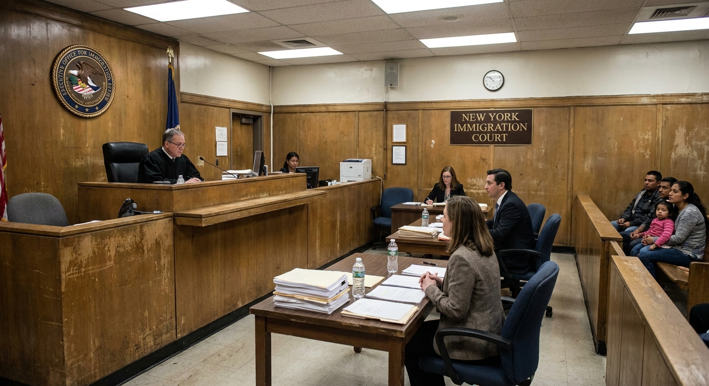 A real-life courtroom scene inside an immigration court in New York City, with an immigration judge seated at the bench and attorneys at tables during a hearing, documentary photography style
