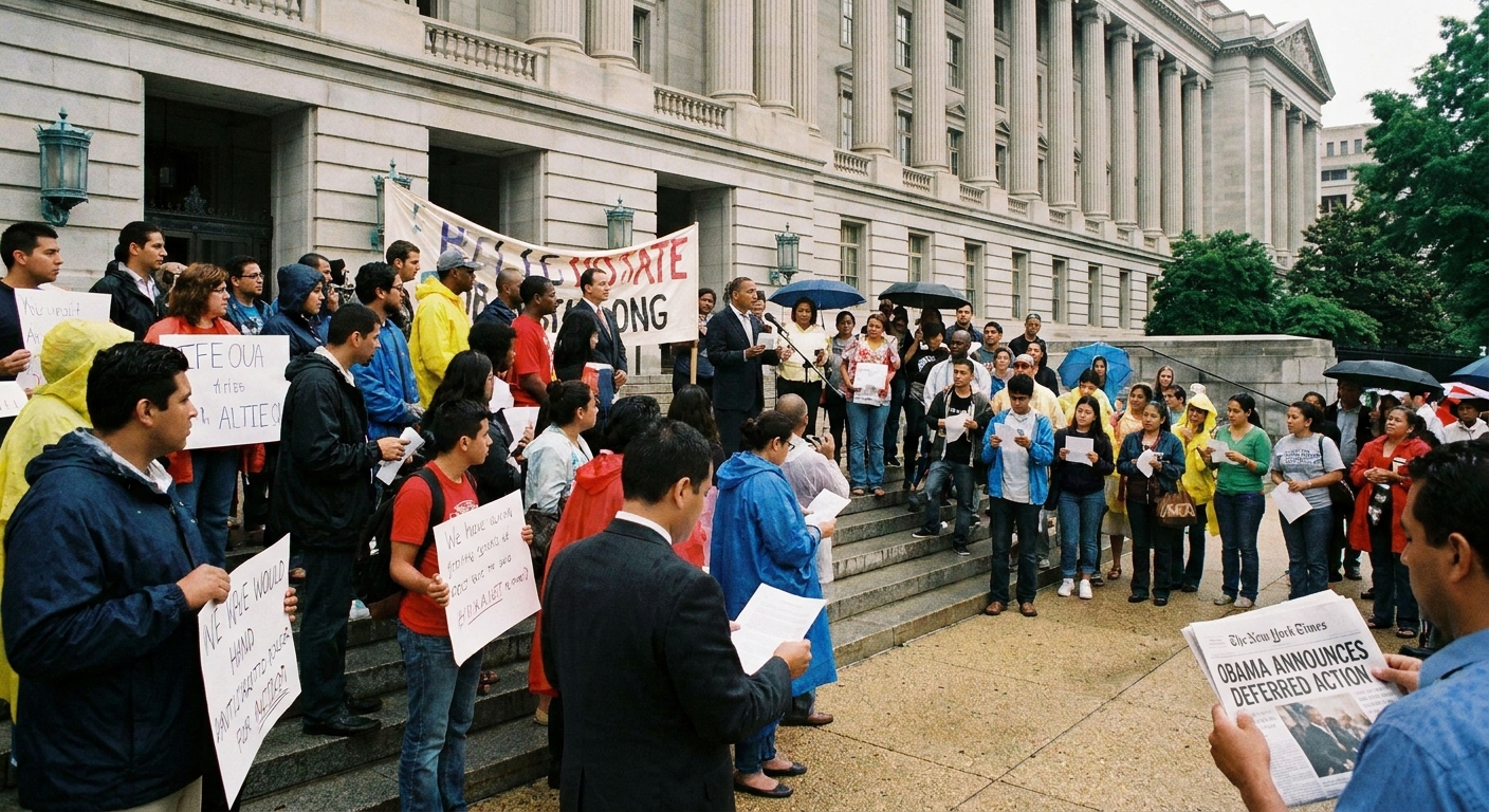 A real-life news photograph of people gathered outside a federal building in Washington, DC in June 2012, holding papers and listening to a public announcement about Deferred Action for Childhood Arrivals, candid documentary style