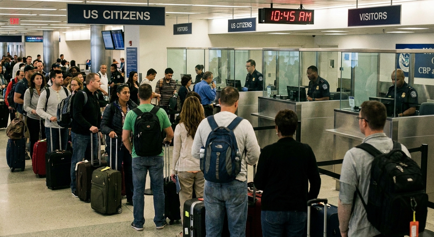 A real-life photograph of travelers standing in a U.S. airport customs and immigration inspection line with passport control booths in the background, candid documentary style
