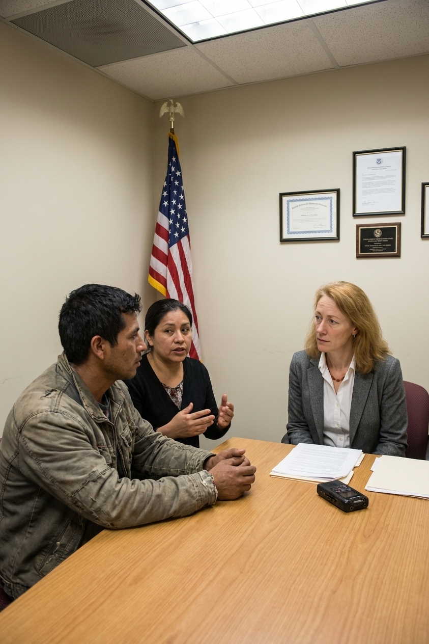 A real photo of a USCIS office interview room with an asylum officer seated across a table from an asylum seeker and an interpreter, neutral government office setting, news photography style