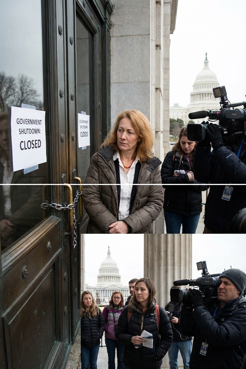 A real photo of a closed federal museum entrance in Washington, D.C., with locked doors and visitors standing outside during a government shutdown, news photography style
