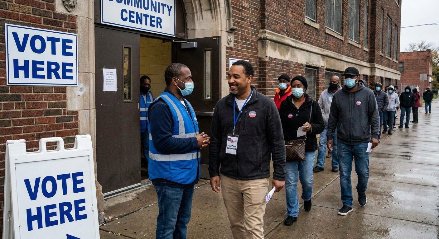 A real photo of a poll worker calmly speaking with an election observer near the entrance of a polling place in Detroit while voters pass by, documentary news photography style