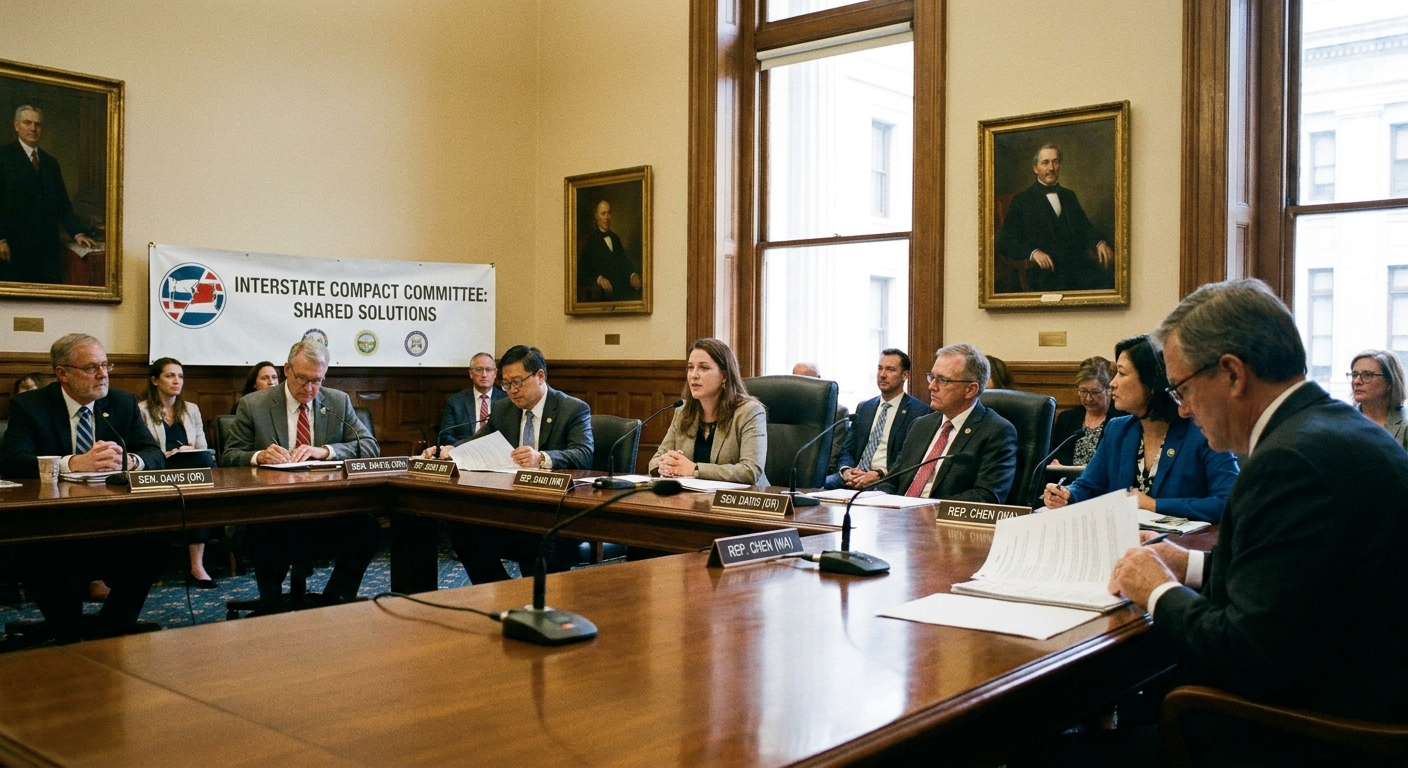 A real photo of a state capitol committee room with lawmakers seated at desks during a public meeting, showing interstate cooperation in a legislative setting