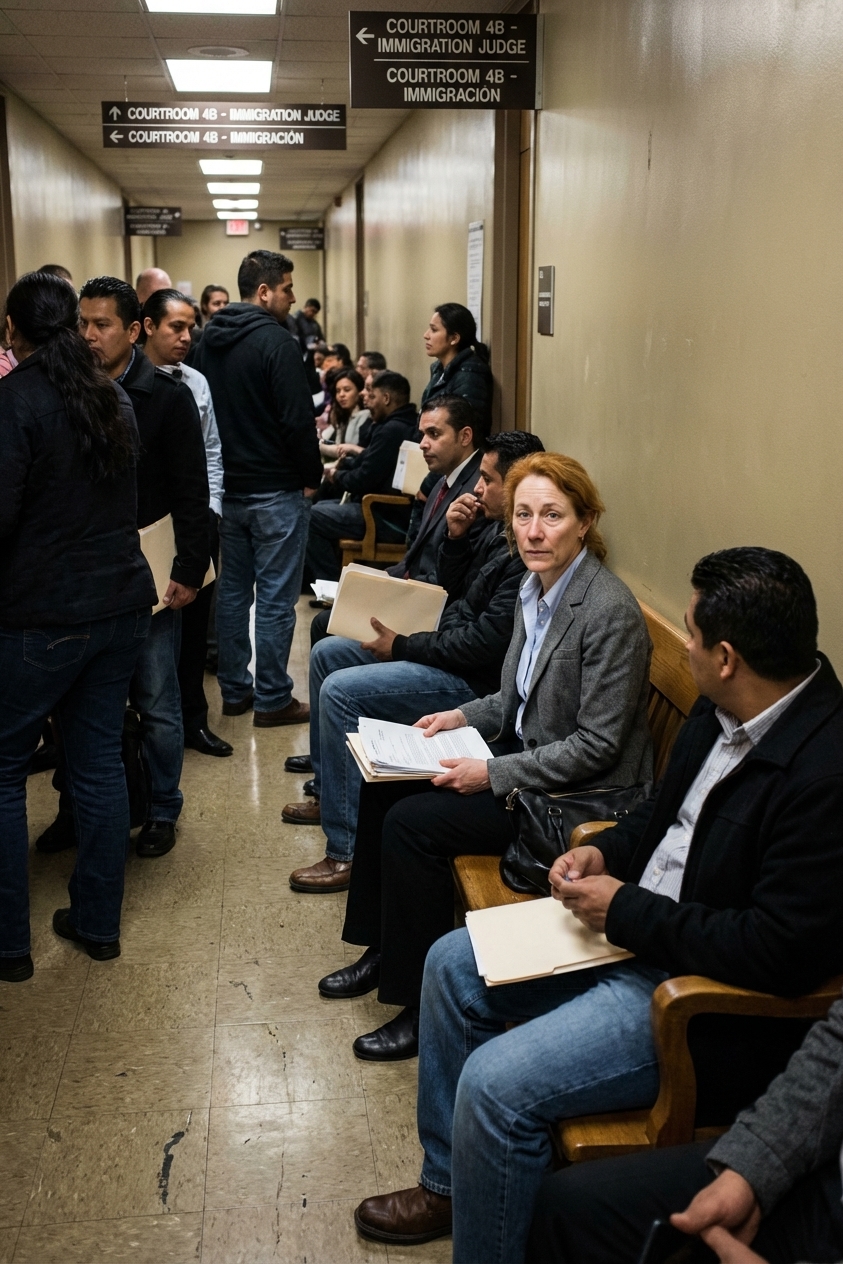 A real photo of an immigration court hallway in New York City with people waiting on benches outside a courtroom, public building interior, news photography style