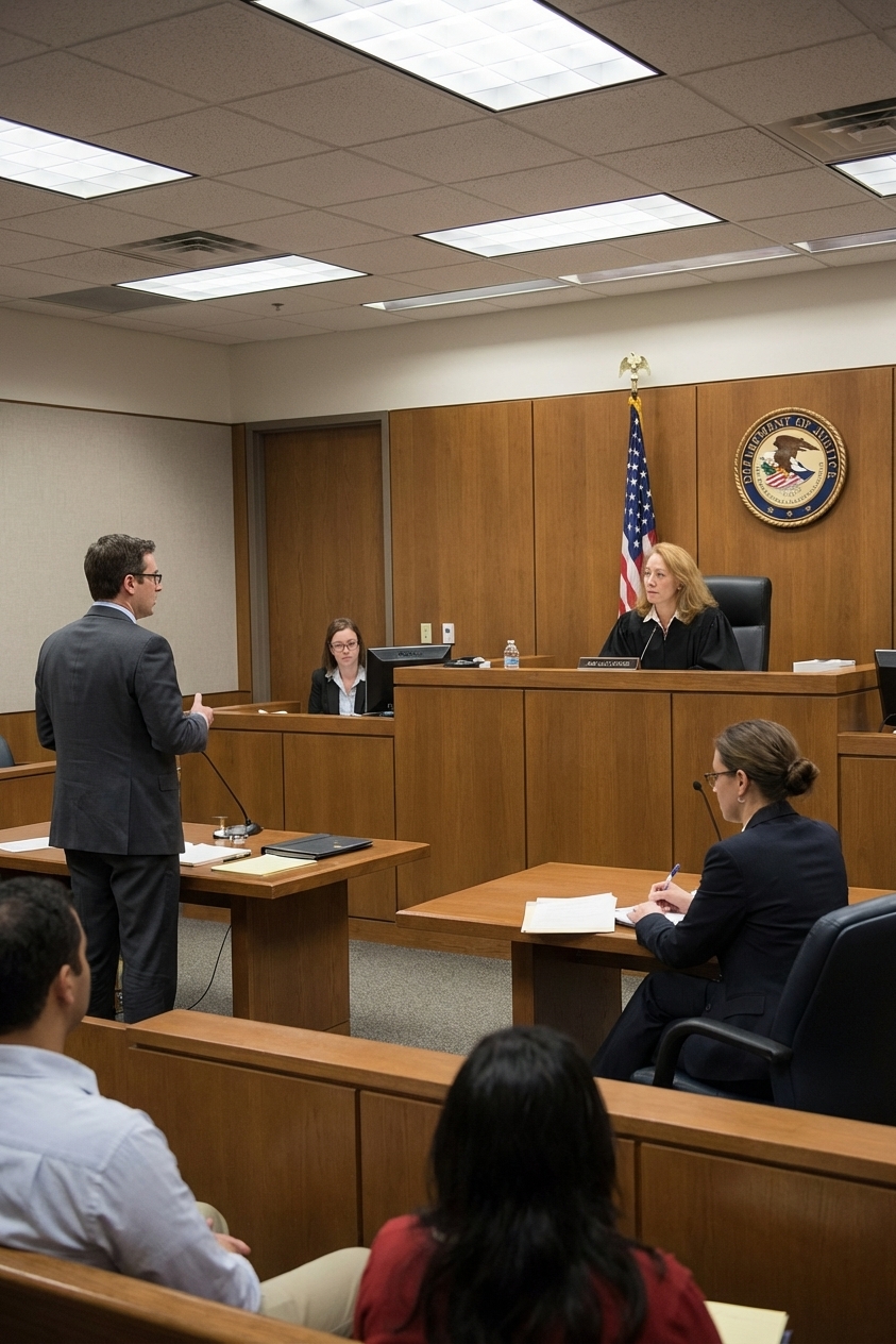 A real photo of an immigration courtroom with an immigration judge seated at the bench and attorneys at counsel tables, neutral interior lighting, news photography style