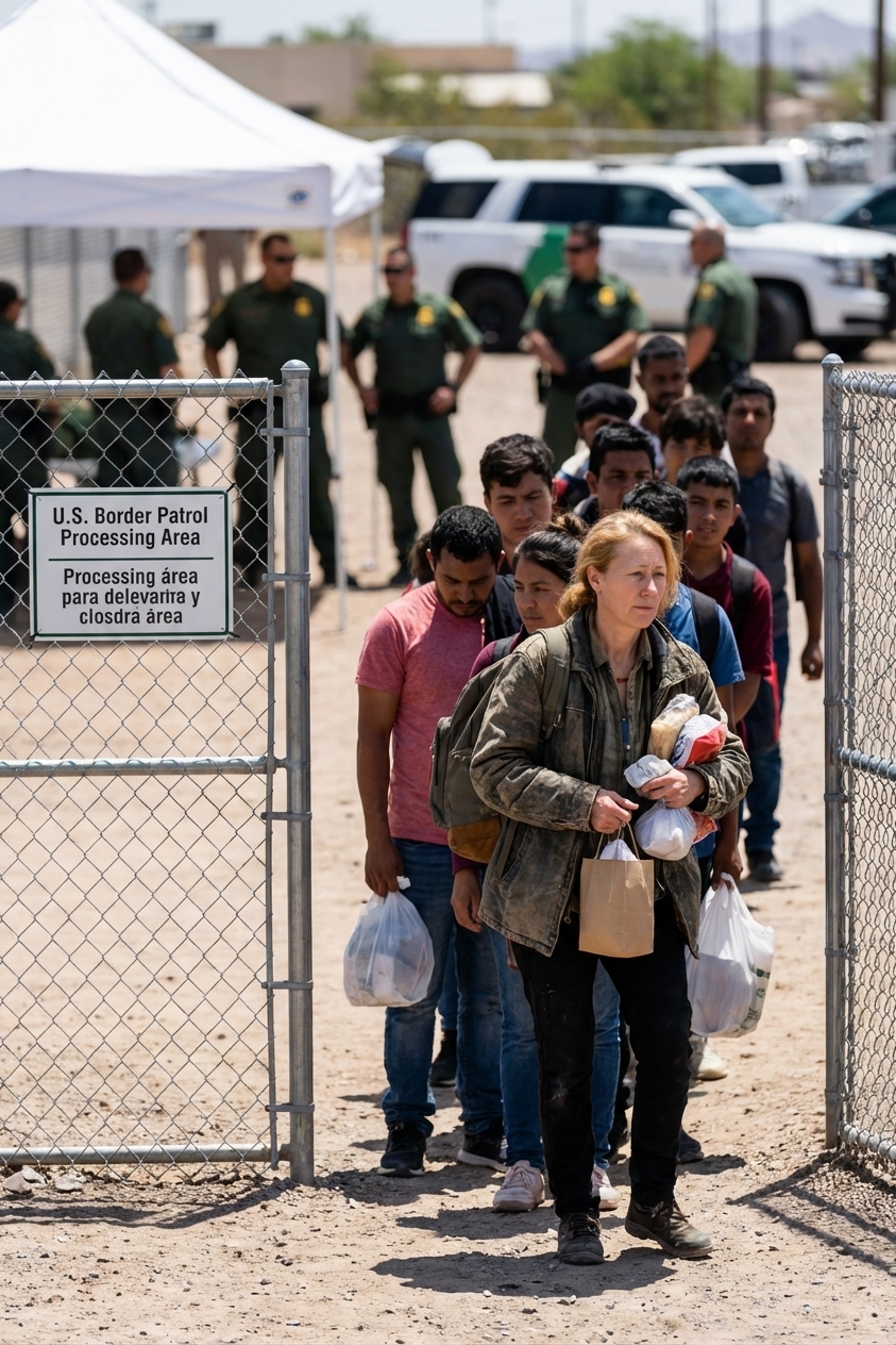 A real photo of asylum seekers standing in a line outdoors near a U.S. border processing area in El Paso, Texas, with belongings in hand and federal officers in the background, news photography style