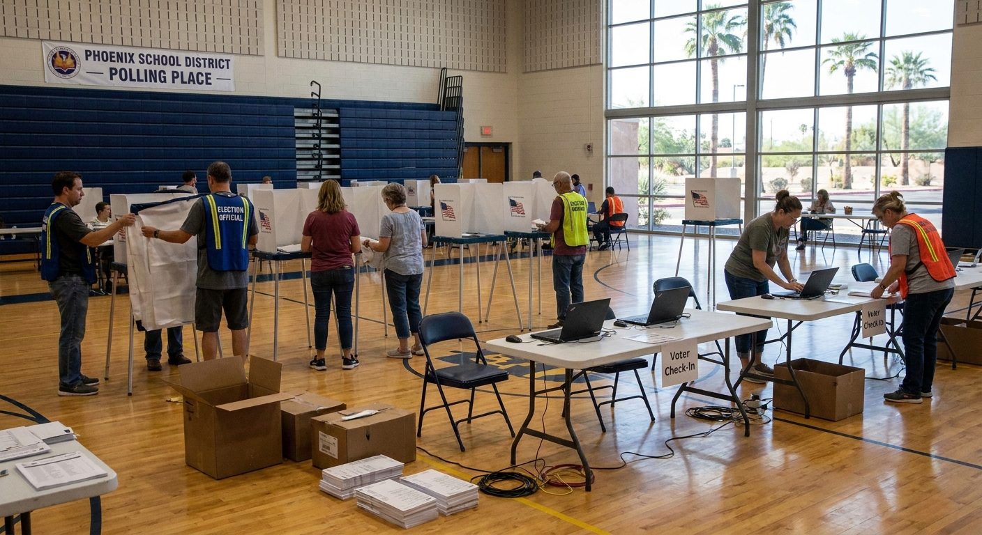 A real photo of election workers arranging voting booths and setting up check-in stations in a school gym used as a polling place in Phoenix, documentary news photography style
