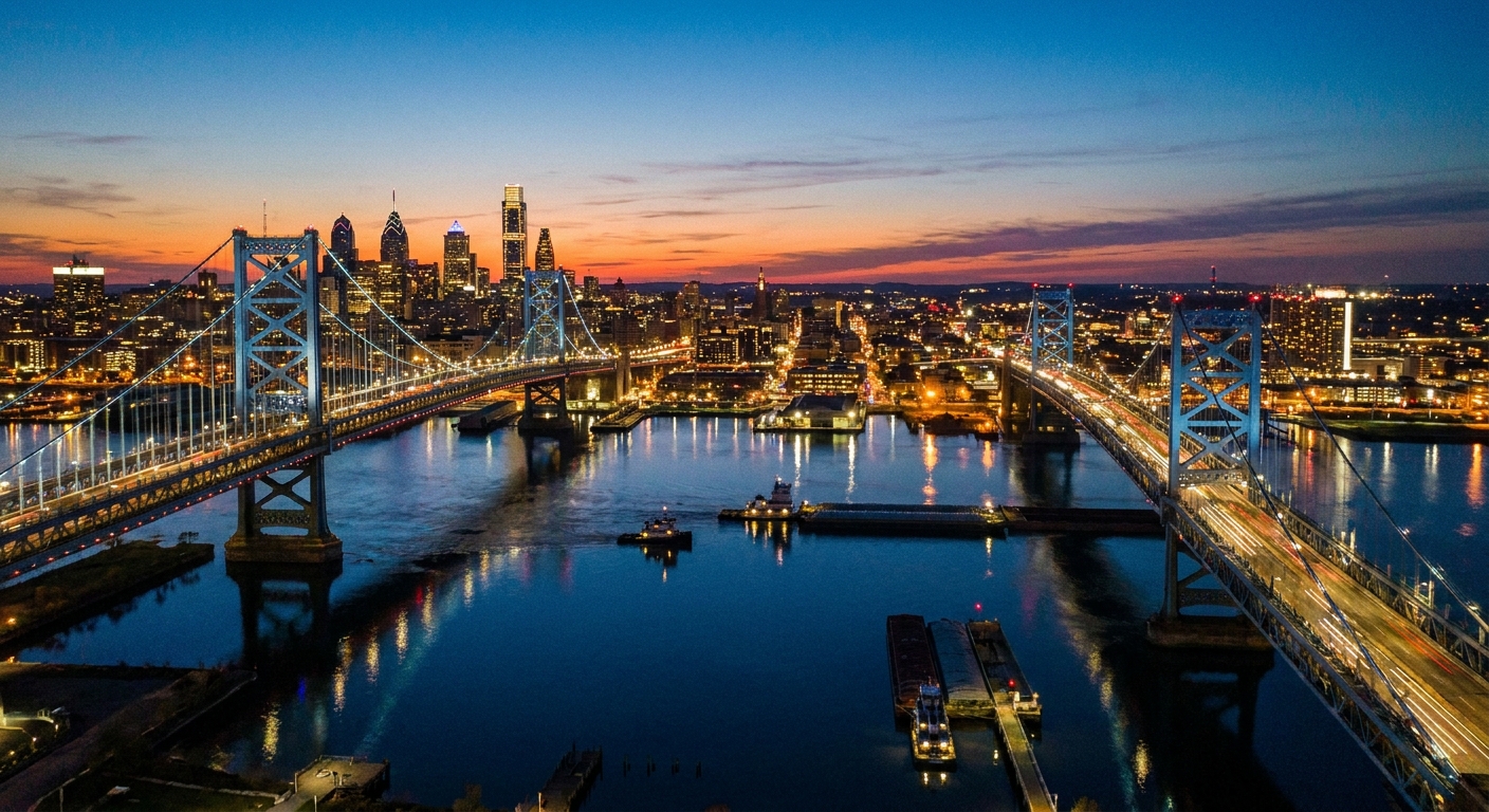 A real photo of the Delaware River at dusk with bridges and city lights visible, showing a shared waterway between neighboring states