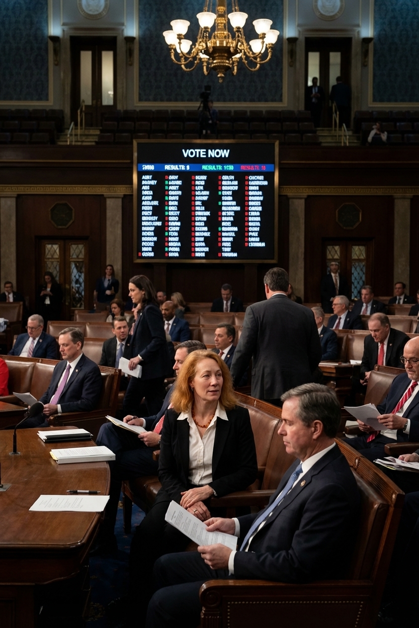 A real photo of the House chamber during a late-night vote with members seated and staff moving in the aisles in Washington, D.C., news photography style