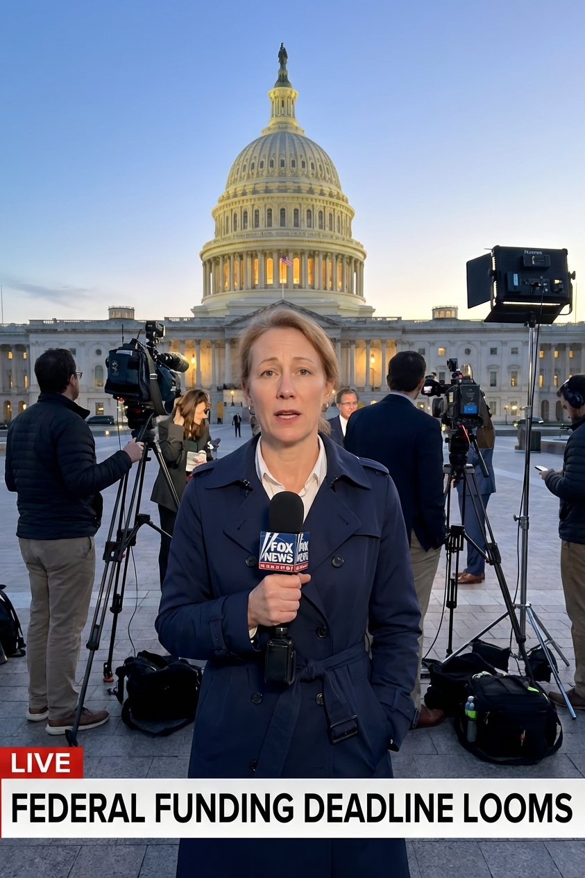 A real photo of the U.S. Capitol at dusk in Washington, D.C., with reporters and camera crews gathered on the lawn during a federal funding deadline, news photography style
