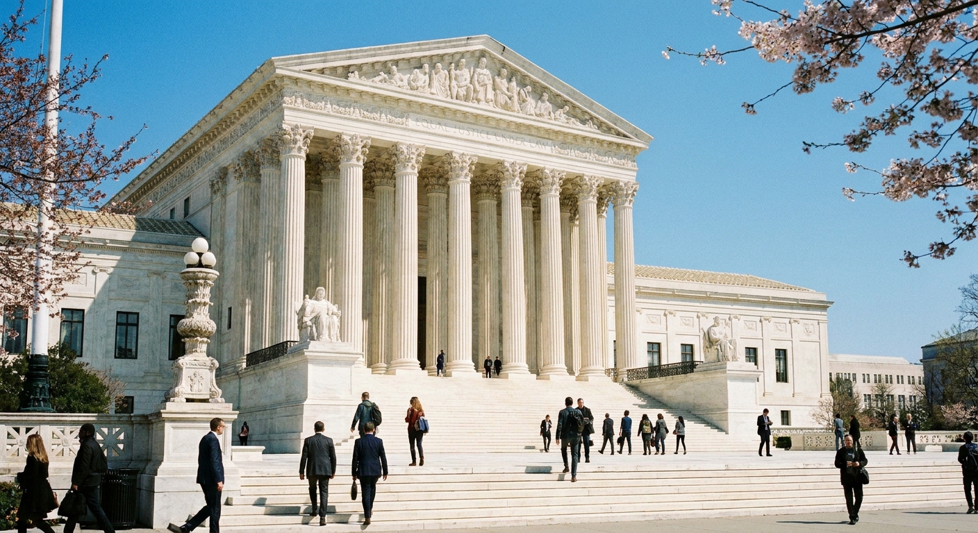 A real photo of the front steps of the United States Supreme Court in Washington, D.C., with people walking up the stairs on a clear day