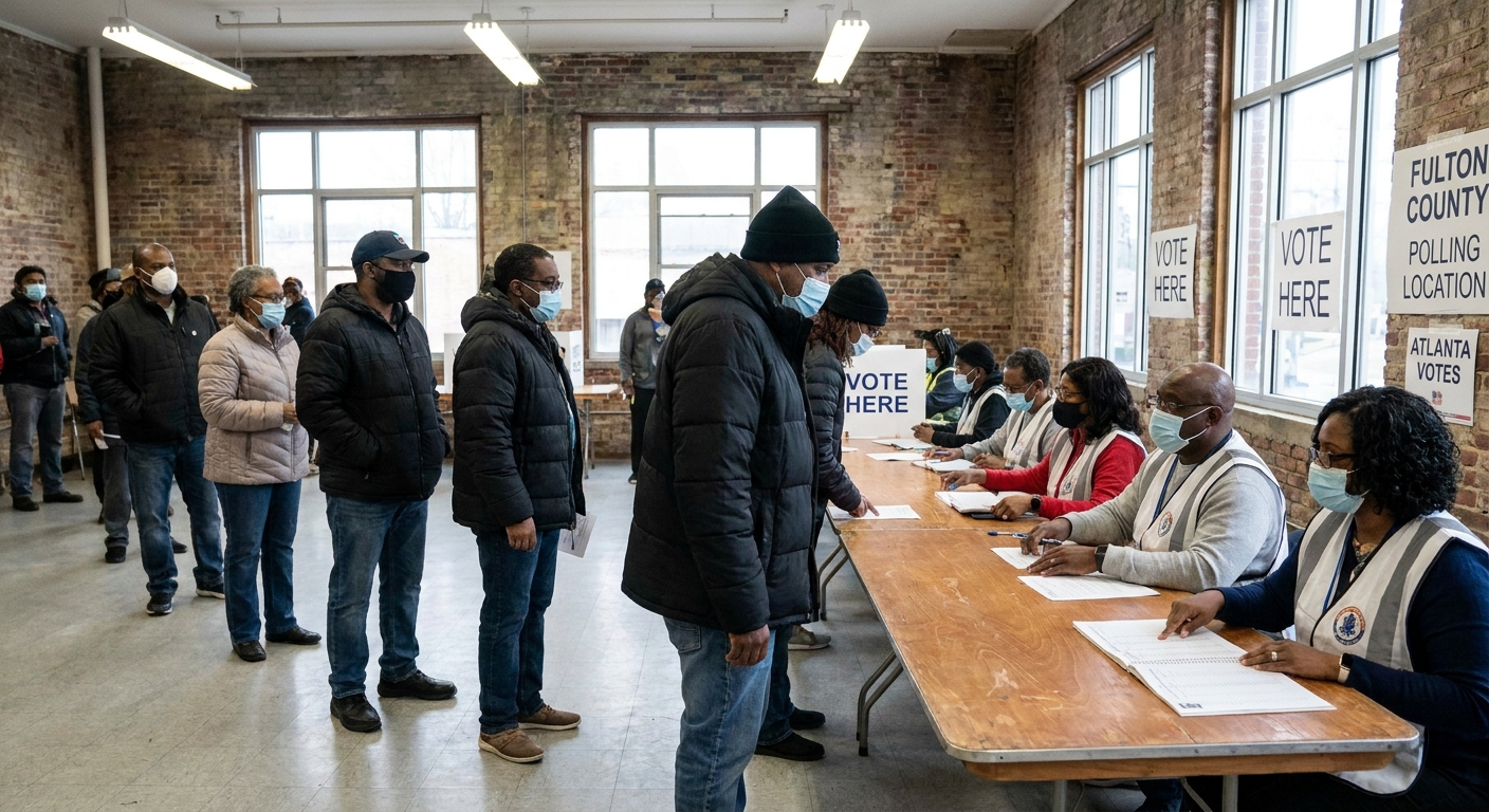 A real photo of voters standing in line at a check-in table inside a polling place in Atlanta, with poll workers assisting and signs in the background, documentary news photography style
