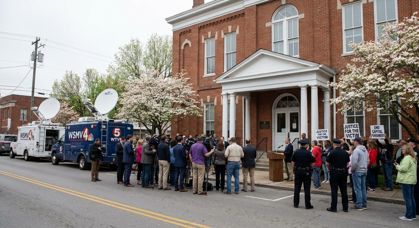 A real-photo style scene outside a Tennessee courthouse with television cameras and reporters gathered near the entrance on a spring day, capturing the atmosphere around a major death penalty case