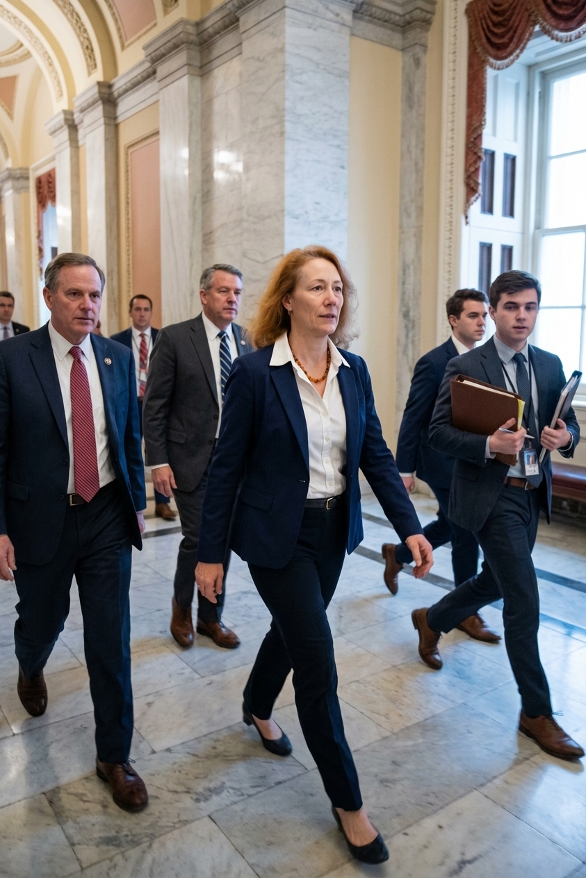 A real photograph in a United States Capitol hallway showing lawmakers and aides walking briskly between votes, news photography style