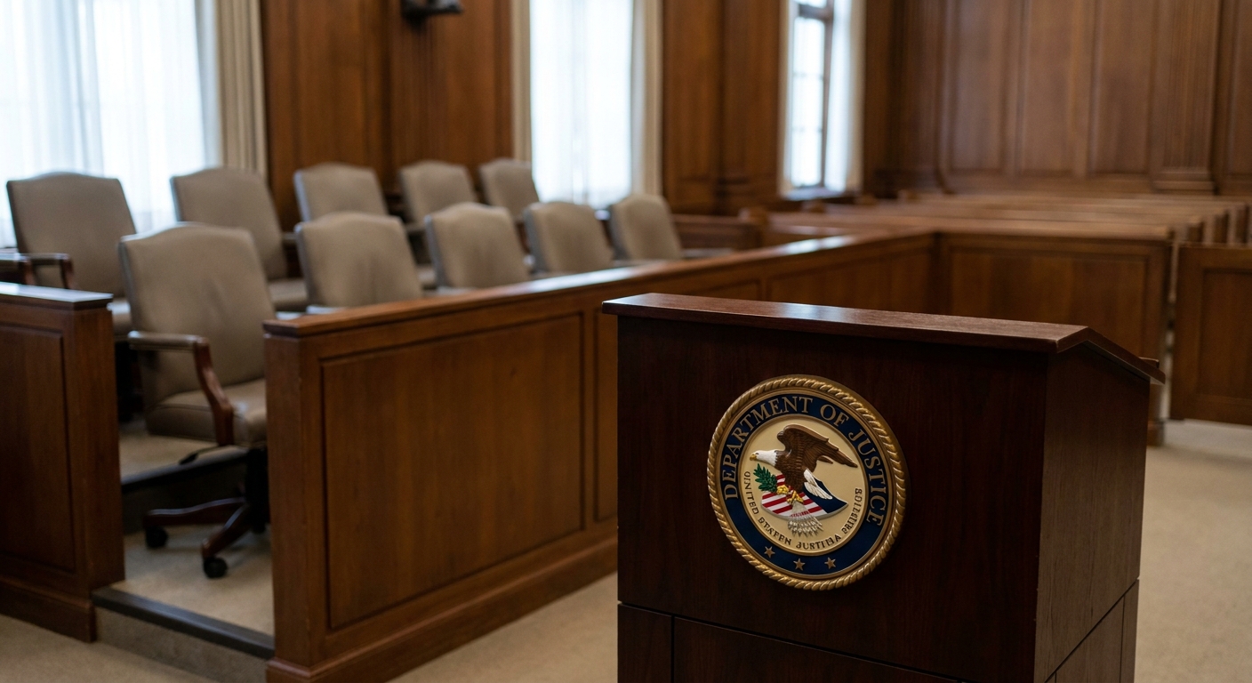 A real photograph inside a federal courtroom showing the Department of Justice seal on a wooden podium with empty jury seats in the background, news photography style