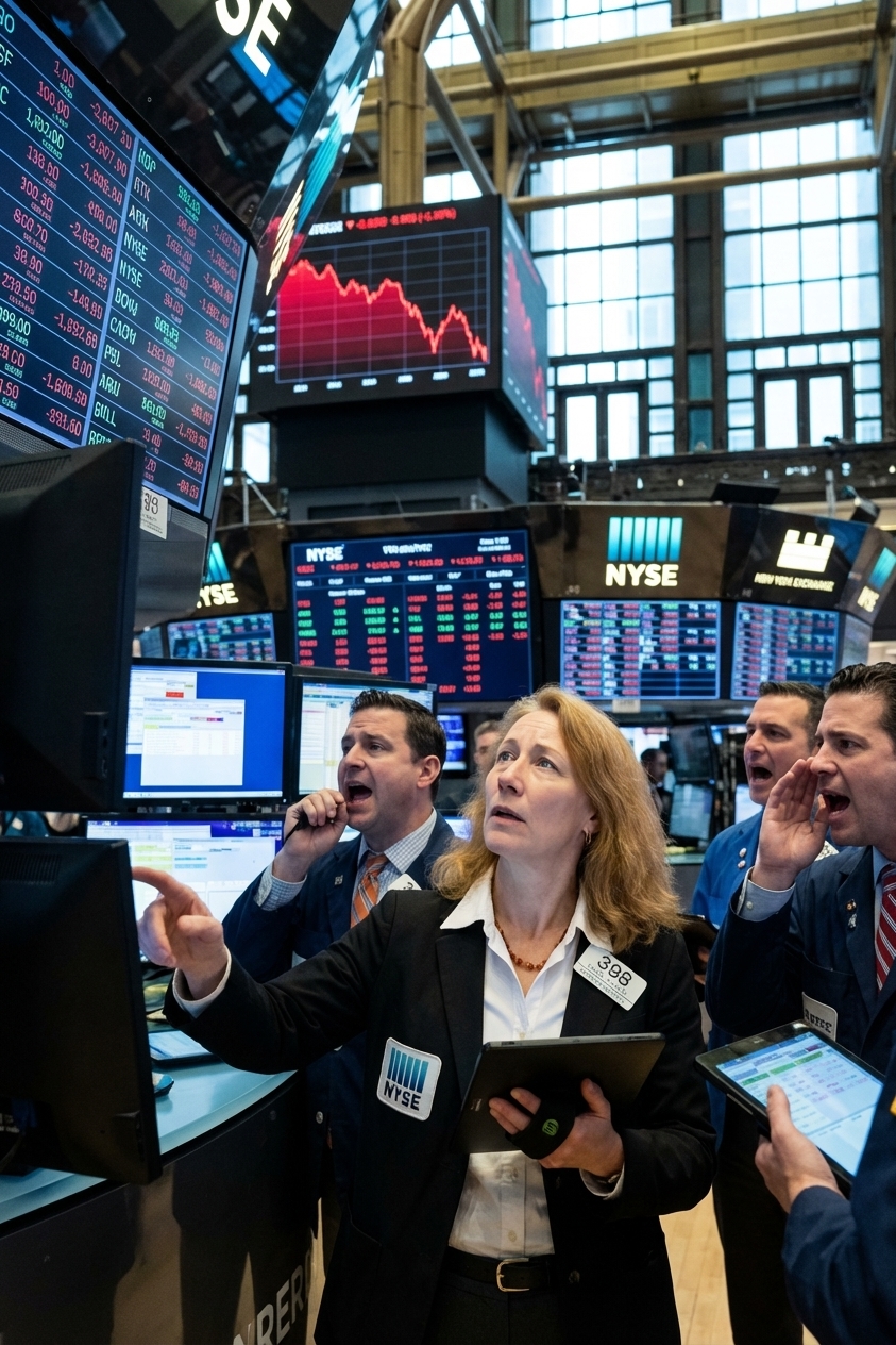 A real photograph inside the New York Stock Exchange trading floor during a volatile day, with traders focused on monitors and market data screens