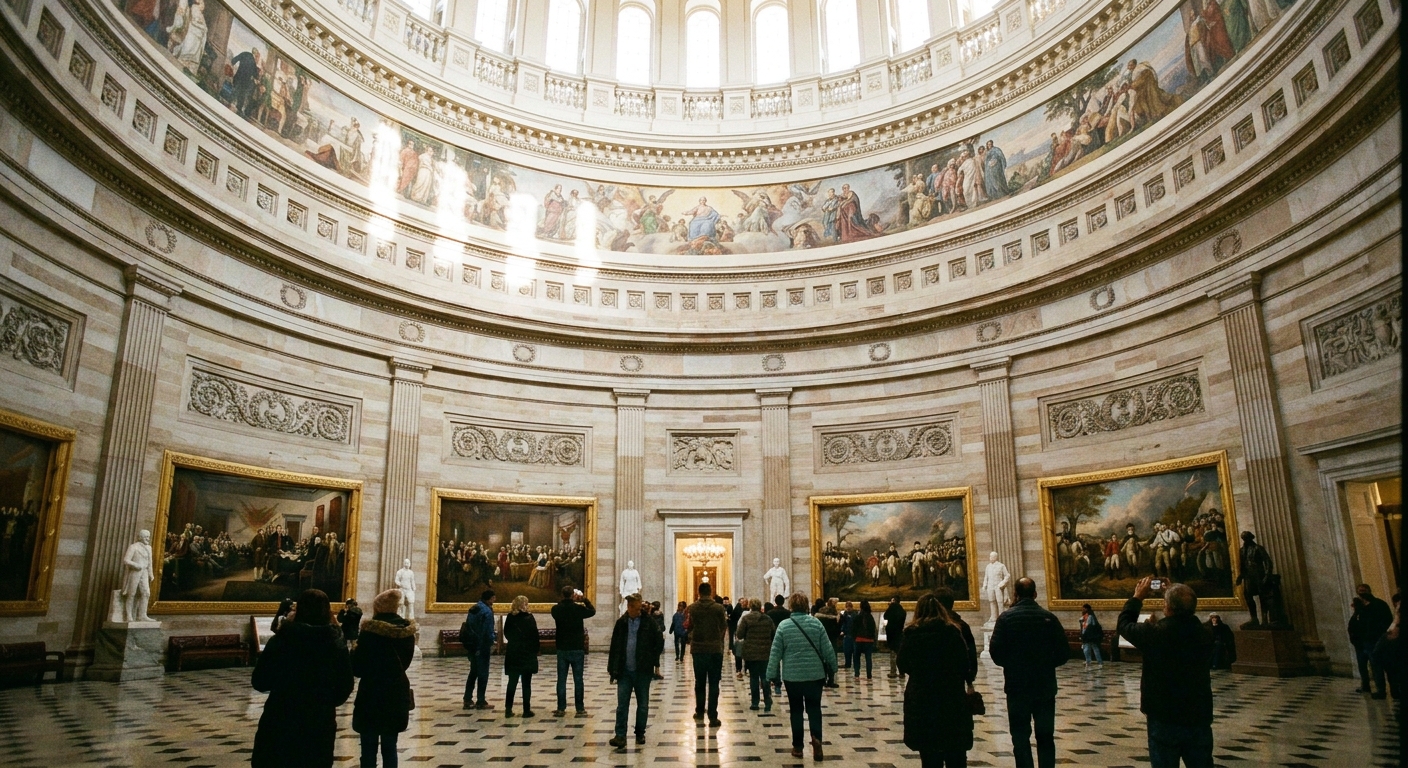A real photograph inside the U.S. Capitol Rotunda with visitors walking beneath the ornate dome and historic paintings visible