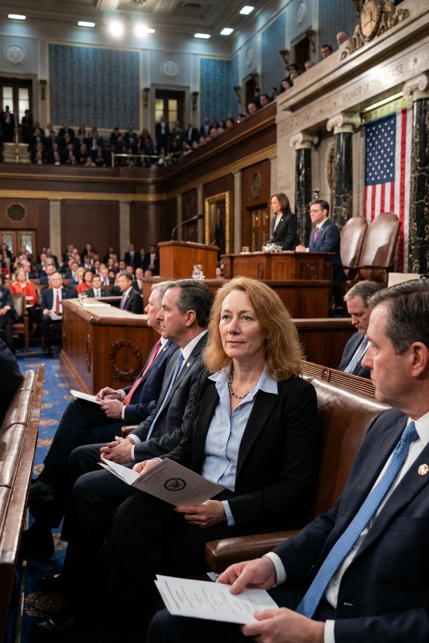A real photograph inside the U.S. House chamber during a formal joint session, with lawmakers seated and the dais visible, warm indoor lighting, high-detail news photography