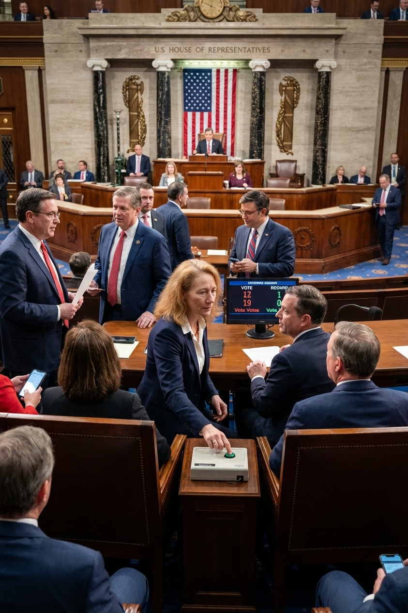 A real photograph inside the U.S. House of Representatives chamber during a vote, with lawmakers seated and the rostrum visible, documentary news style