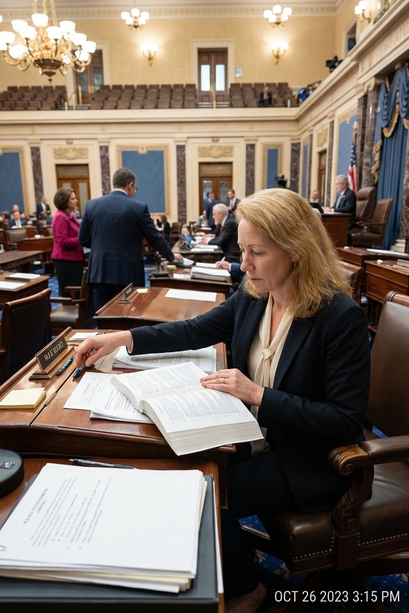 A real photograph inside the United States Capitol showing a Senate staff desk with legislative papers and rulebooks during floor proceedings, news photography style