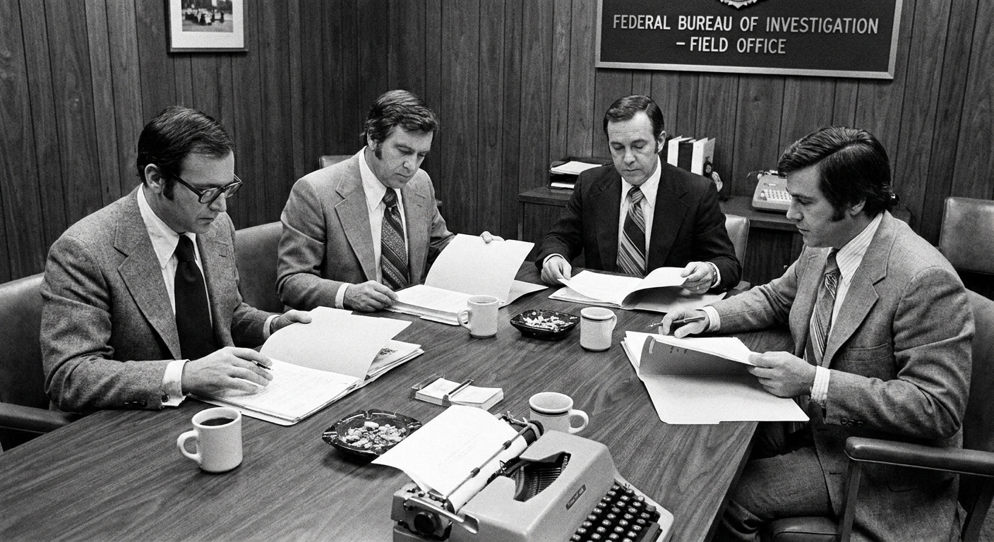 A real photograph of FBI agents in a 1970s-era office reviewing case files at a conference table, news photography style