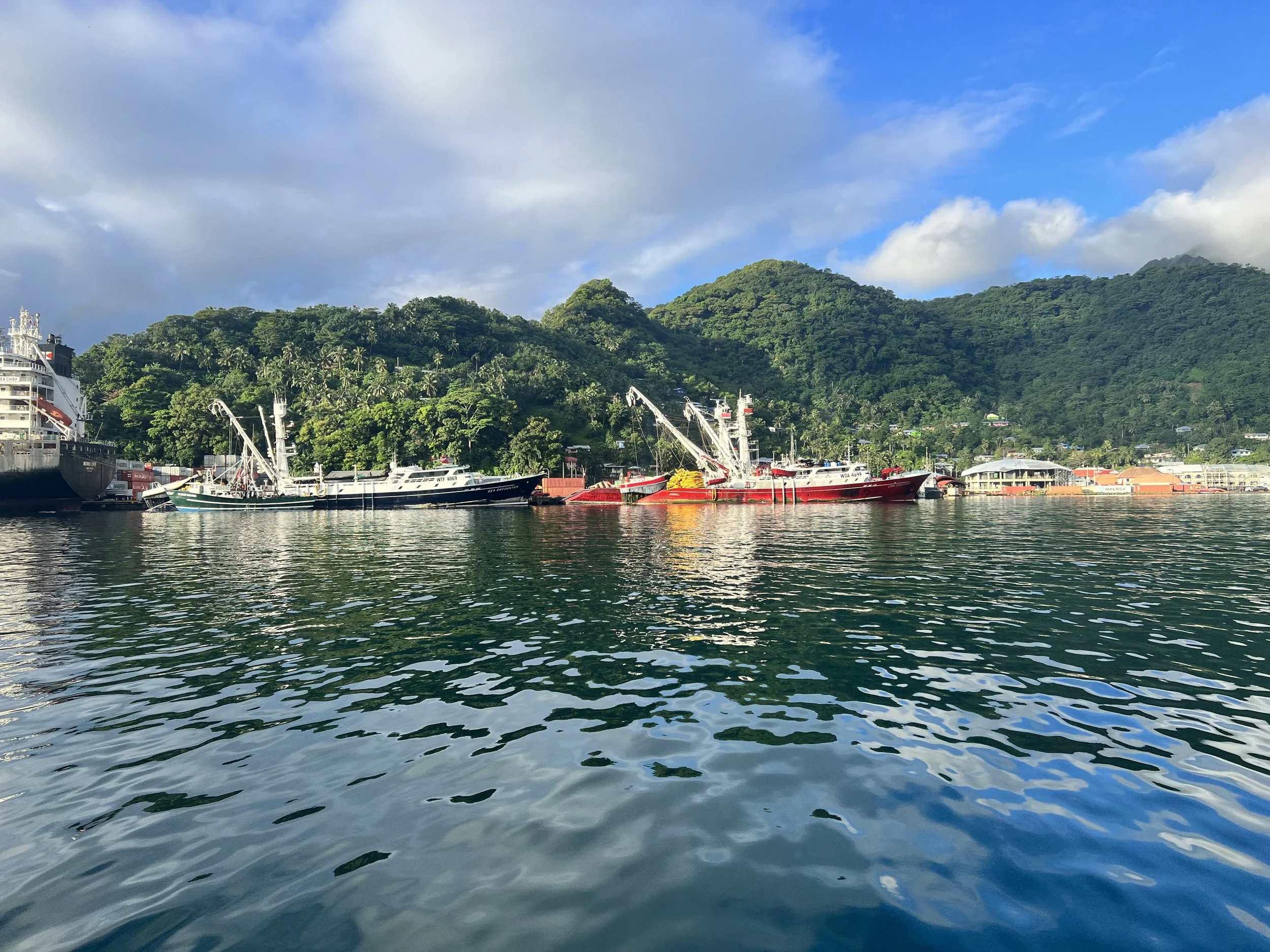 A real photograph of Pago Pago Harbor in American Samoa with shoreline buildings and boats in the water under daylight, documentary photography style