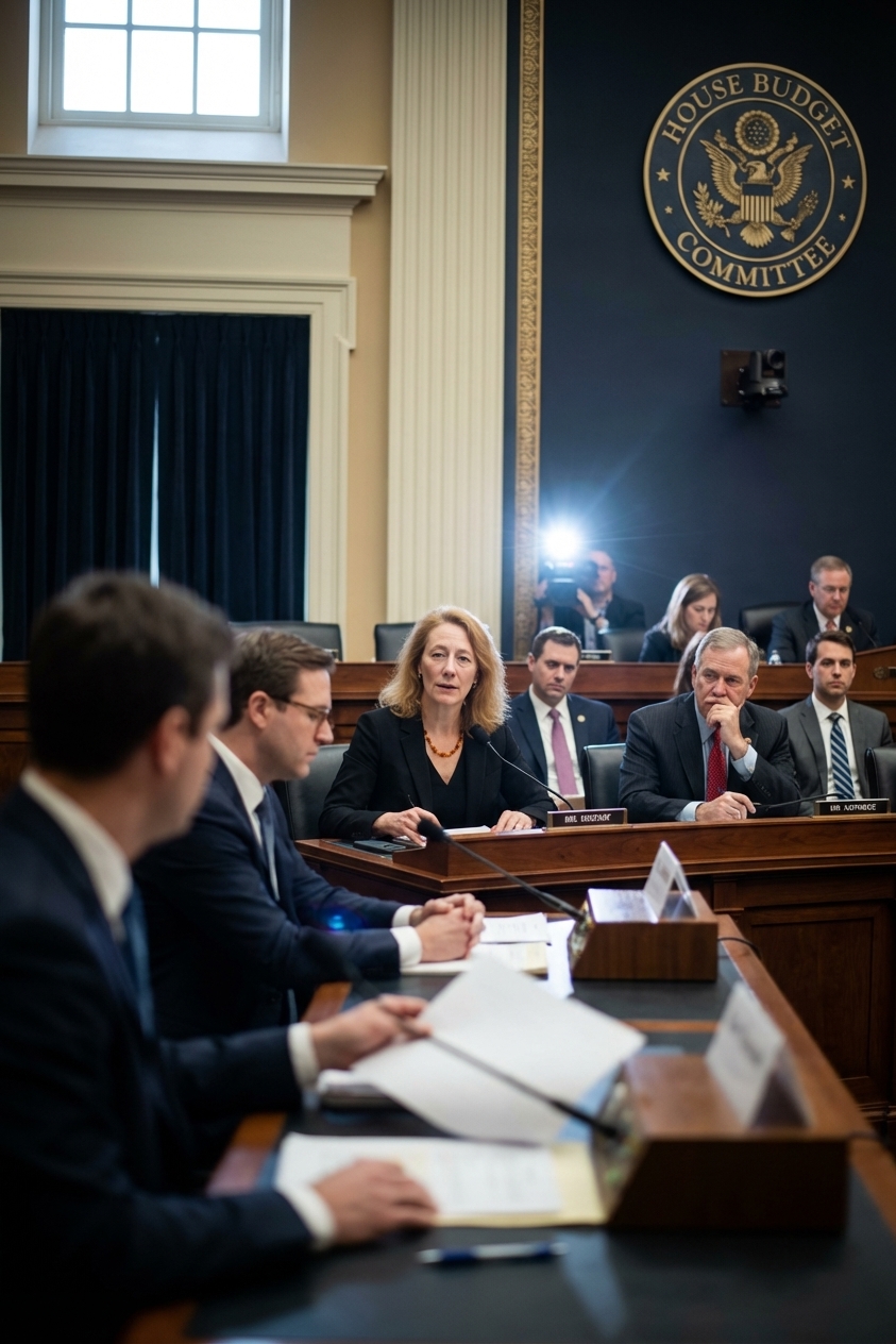 A real photograph of a House Budget Committee hearing room in Washington, members seated behind dais microphones while staffers sit at a witness table, news photography style