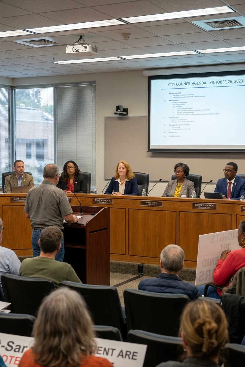 A real photograph of a city council chamber during a public meeting with council members seated at a dais and community attendees in the audience, indoor news photography style