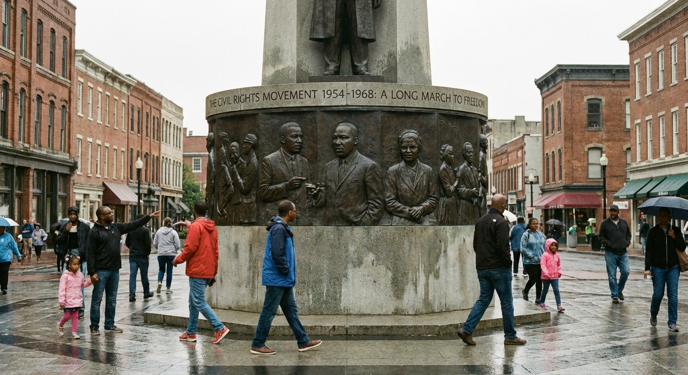 A real photograph of a civil rights memorial with people walking past in daylight