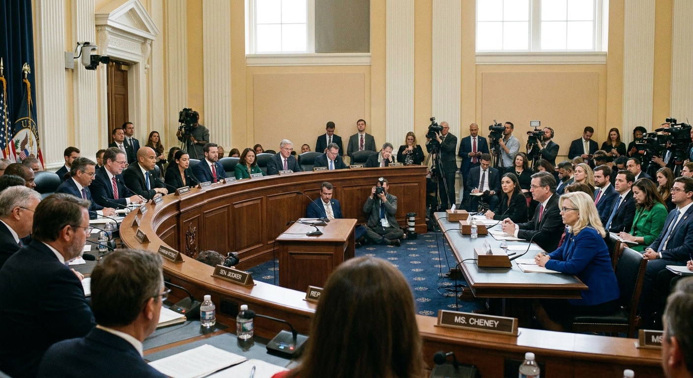 A real photograph of a congressional hearing room in a U.S. Capitol office building with microphones and nameplates on a long dais, taken from the audience perspective, news photography style