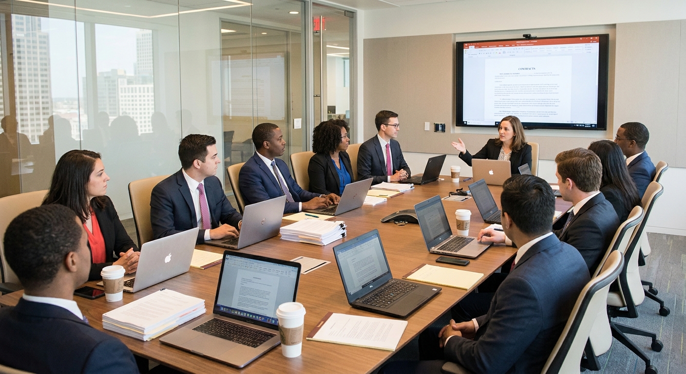 A real photograph of a corporate legal team meeting in a modern office conference room with laptops and paper documents on the table