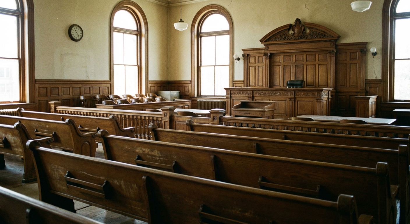 A real photograph of a courtroom interior with empty wooden benches and the judge’s bench in the background