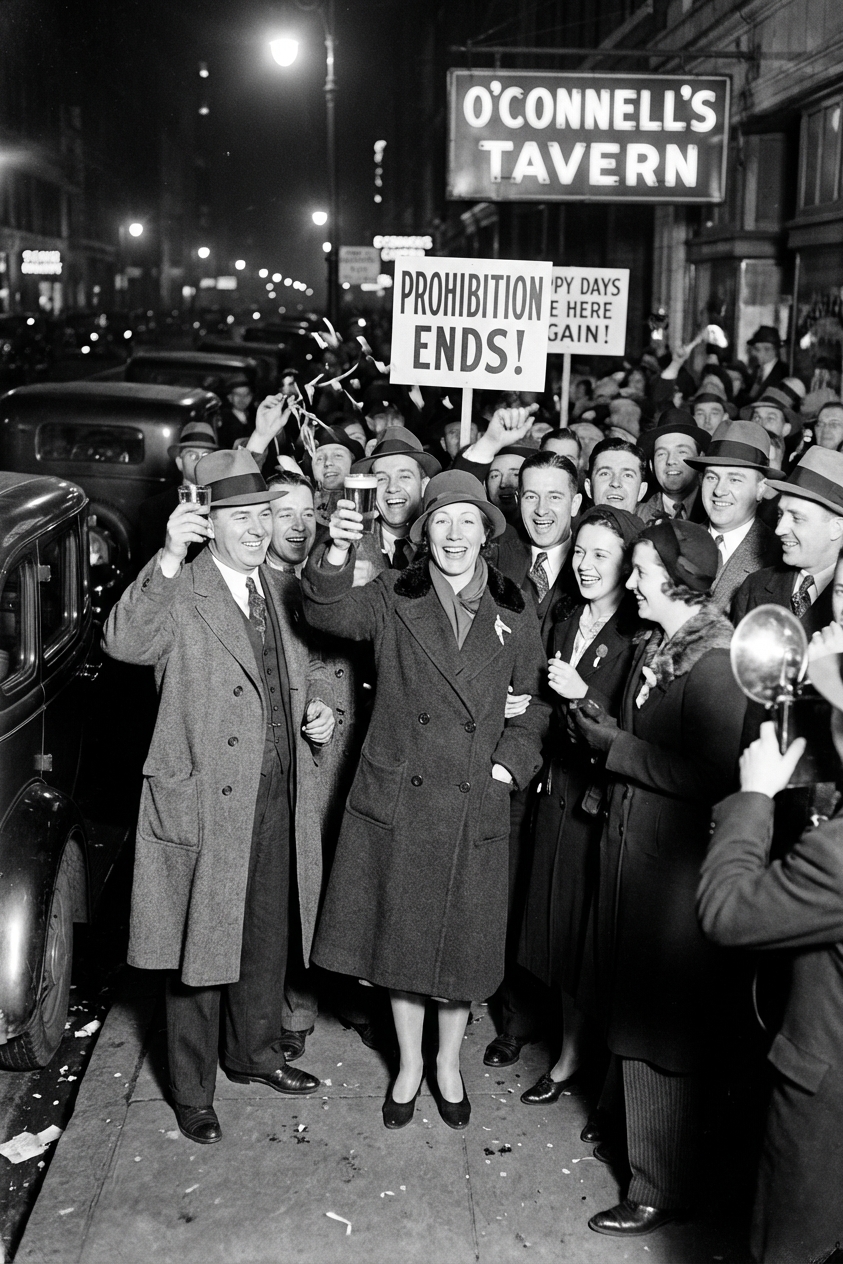 A real photograph of a crowd celebrating outside a bar on the night Prohibition ended, with people in 1930s clothing gathered on a city sidewalk, candid documentary style