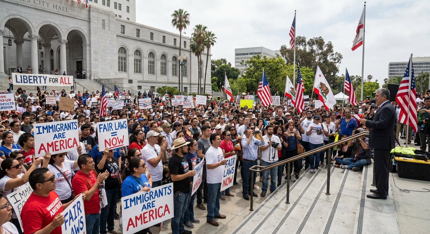 A real photograph of a crowd gathered at an immigration rally in Los Angeles, California, with people holding signs and listening to a speaker on steps outside a civic building