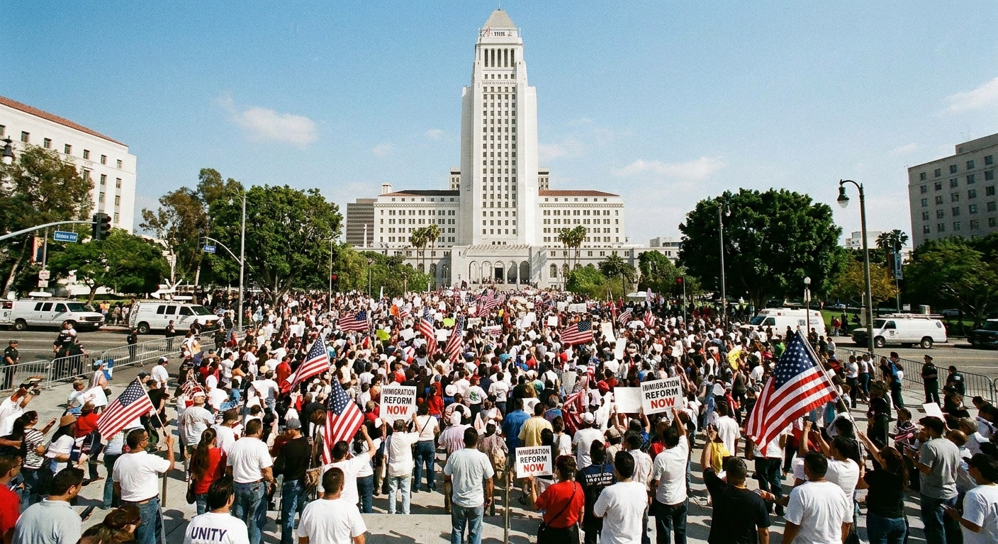 A real photograph of a crowd gathered outside Los Angeles City Hall during an immigration rally, with American flags visible and people facing the building, news photography style