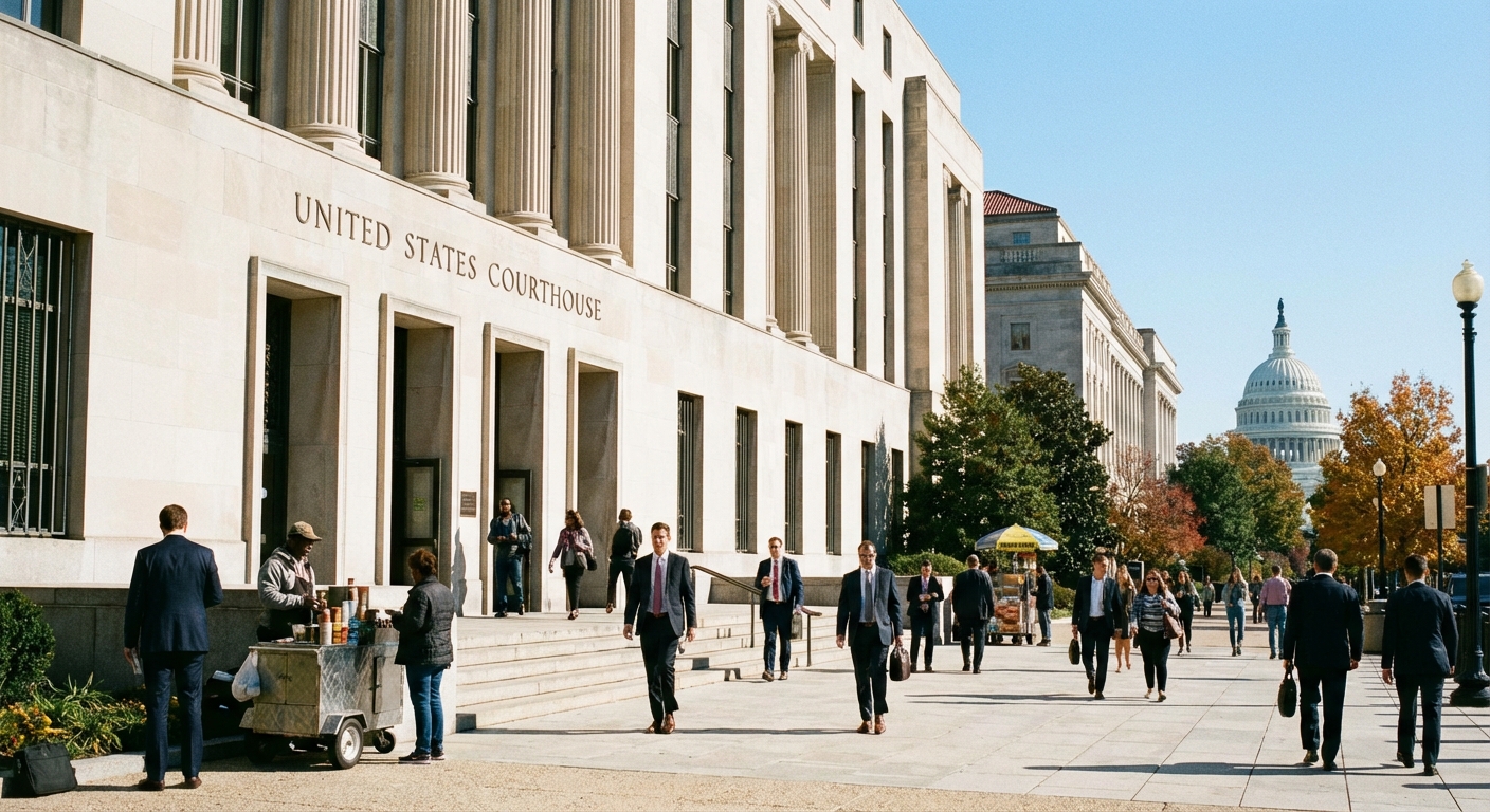 A real photograph of a federal courthouse exterior in Washington, D.C. on a clear day with people walking nearby